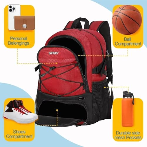 DAFISKY Basketball Backpack Sports Bag | Basketball Bag with Shoe Compartment and Ball Holder, 30L Large gym bag for boys girls - color: Red