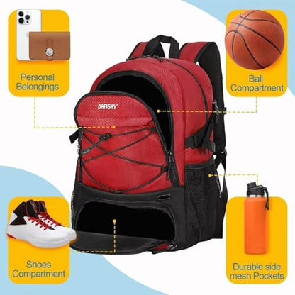 DAFISKY Basketball Backpack Sports Bag | Basketball Bag with Shoe Compartment and Ball Holder, 30L Large gym bag for boys girls - color: Red