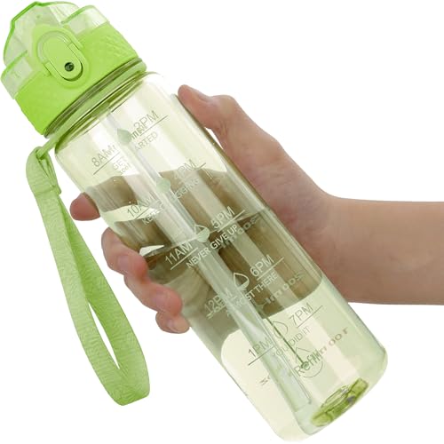 OLDLEY 17oz Kids Water Bottle, Tritan BPA-Free, Leakproof Flip Straw Lid, Motivational Time Marker, Carry Strap, Reusable Clear Water Bottle for Boys & Girls,Parrott Green - color: Parrott Green, style: 17 Ounces