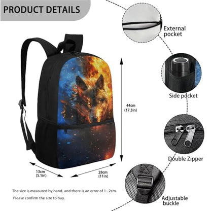 ZOUTAIRONG Flaming Wolf Print Backpack and Small Water Bottle, Large Capacity School Bags Lightweight Bookbag with Side Pockets for Small Thermos - color: Flaming Wolf