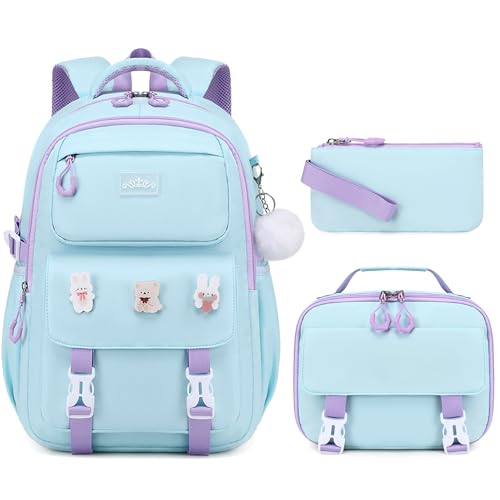 DIGOBAY 3PCS Girls Backpack for School, Cute Kids Backpack for Girls with Lunch Box Pencil Case for Teen Girl Elementary Primary Middle High College School Bookbag with Cute Pins Aquamarine-Purple - color: Aquamarine-purple