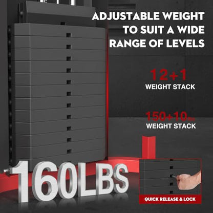 SPART Home Gym Station,Multifunctional Home Gym Workout Equipment,with 160LBS Weight Stack for Leg Press & Chest Fly, All in One Exercise Equipment Full Body Strength Training with Pulley System - color: Red, style: Steel Cover