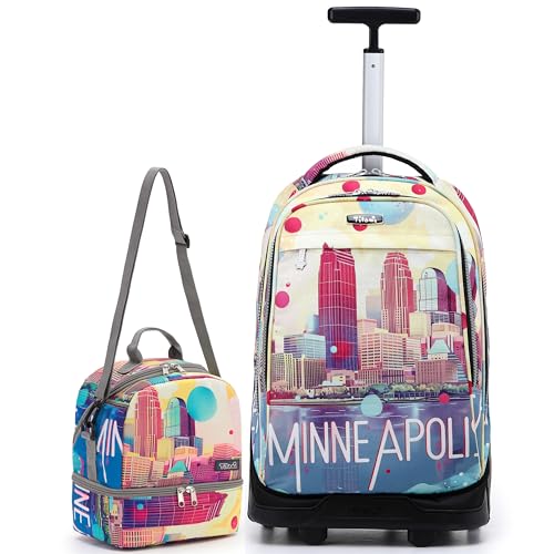 NEW TILAMI 19 Inch Rolling Backpack with Lunch Bag for Girls Boys Wheeled Laptop Backpack Durable Carry-on Bag School Travel, City - color: Yellow City