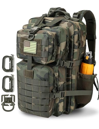 Hannibal Tactical 45L MOLLE Assault Backpack, Tactical Backpack Military Army Camping Rucksack with Bottle Holder, 3-Day Pack Trip w/USA Flag Patch, D-Rings, US Woodland - color: Us Woodland, size: 45L