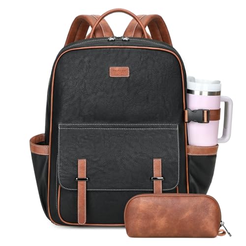 Vegan Leather Laptop Backpack for Women Designer 15.6 Inch PU Laptop Bag, Ladies Travel Computer Work Backpack - color: Black Brown