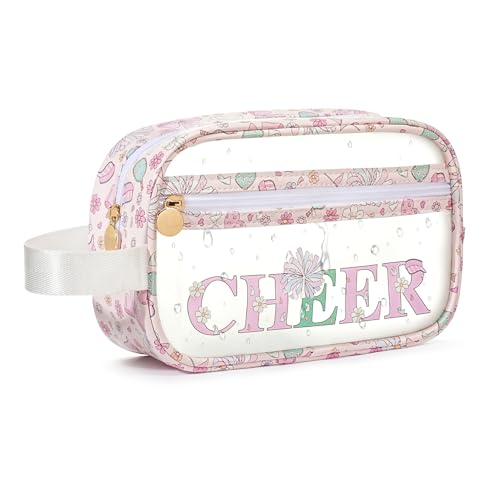 COSHAYSOO Clear CHEER Makeup Bag Cheerleader Team Gifts Cheerleading Hair Skincare Cosmetic Accessories Organizer for College Women Teen Girls, Small Waterproof Travel Pouch for Purses Backpack Tote - color: Pink CHEER