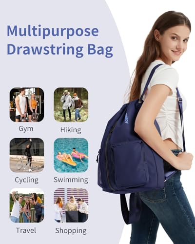 WANDF Drawstring Backpack Sports Gym Bag with Shoes Compartment, Water-Resistant String Beach Sackpack Swim Bag for Women and Men (Navy Blue) - color: Navy Blue