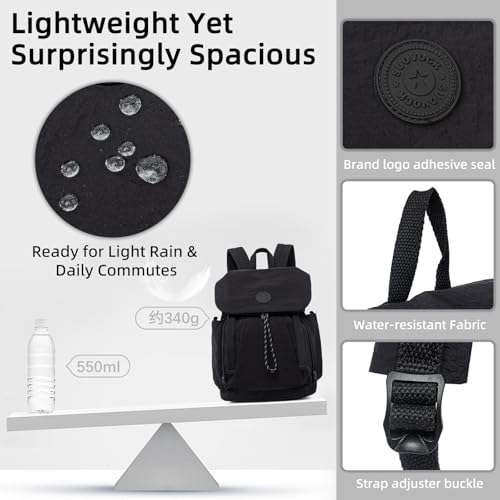 Women's Lightweight Backpack Purse,Water Resistant Nylon Casual Travel Backpack,Fashion Daypack for Hiking& Daily Use - color: Black