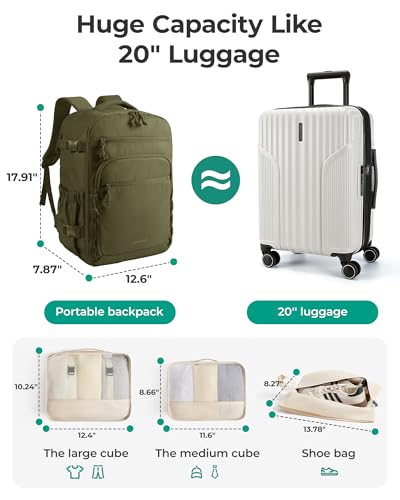 BAGSMART Travel Backpack for Women & Men 17.3 inch Laptop, Flight Approved Carry on Backpack with Shoe bag & 2 Packing Cubes, Water-Resistant Large Business Travel Bag, Weekender Bag - Olive green - color: Olive Green