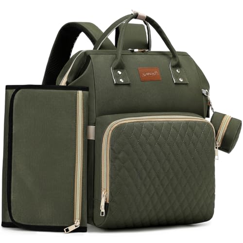 ROSEGIN Diaper Bag Backpack with Changing Pad, Pacifier Case, Baby Bag for Boy Girl Toddler - Large, Stylish, Waterproof Travel Quilted Diaper Bag for Mom - Baby Shower - Army Green - color: Army Green