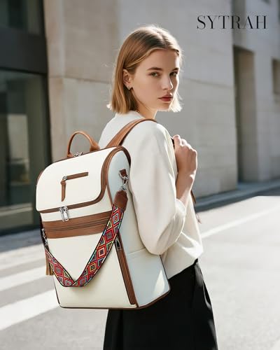 SYTRAH Leather Laptop Backpack for Women Designer Laptop Bag, 16.5 inch Travel Computer Backpacks Purse with Tassel for Work Business with Satchel Purse Beige Brown - color: Beige Brown