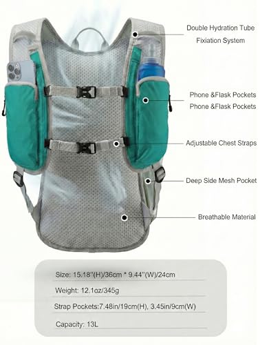 Hydration Hiking Backpack, Water Hiking Backpack, Hydration Backpack with 15l Water Bladder, Runinnng Backpack for Men Women for Cycling Campling - color: Emerald Green