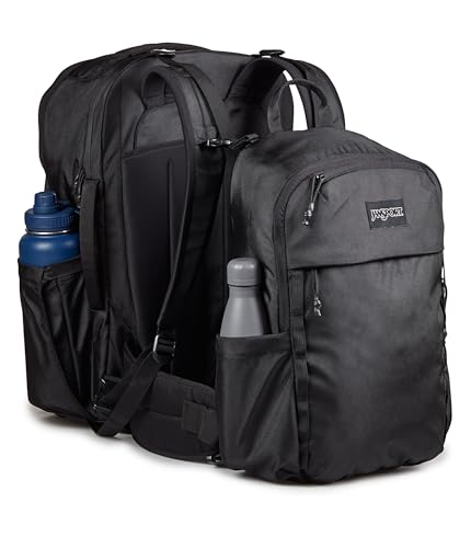 JanSport Venture Pack System – Travel Pack With Large Main Compartment, 4 Water Bottle Pockets, Adjustable Torso Length, Perimeter Wireframe Suspension, Tuck-Away Straps, Padded Hip Belt, Black - color: Black, style: Venture Pack System