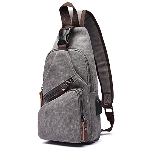 Canvas Sling Bag Crossbody Backpack Shoulder Casual Rucksack for Men Women Outdoor Cycling Hiking Travel Fishing Grey - color: Grey