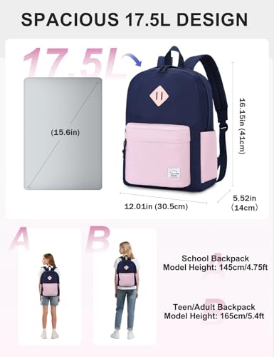 VASCHY Lightweight Backpack for School, Water Resistant Classic Bookbag with Side Pockets for Girls Kids,Teens Blue Pink - color: Midnight Blue & Pink
