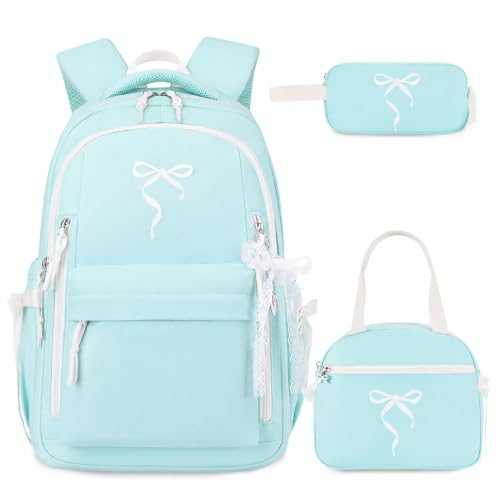 Kids Backpack for Girls - 3PCS Cute Embroidered Bow Girls Backpack with Insulated Lunch Bag & Pencil Case - Bookbag for Teen Women Middle High School College Work Travel Daypack - color: Mint