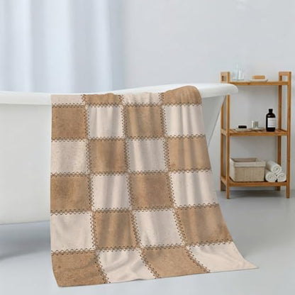 Brown Beige Checkered Bath Towels Set of 3 for Bathroom,Soft Absorbent Shower Beach Hand Face Hair Yoga Workout Gym Towel Dish Wahcloth,Modern Farmhouse Plaid Burlap Quick Dry Bath Towels+Set - color: Beige, Tan, Cream