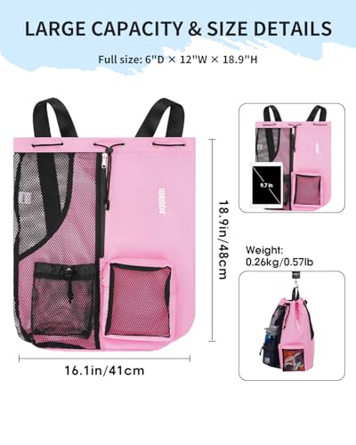 WANDF Mesh Swim Bag, Drawstring Beach Backpack - color: Pink, size: Large