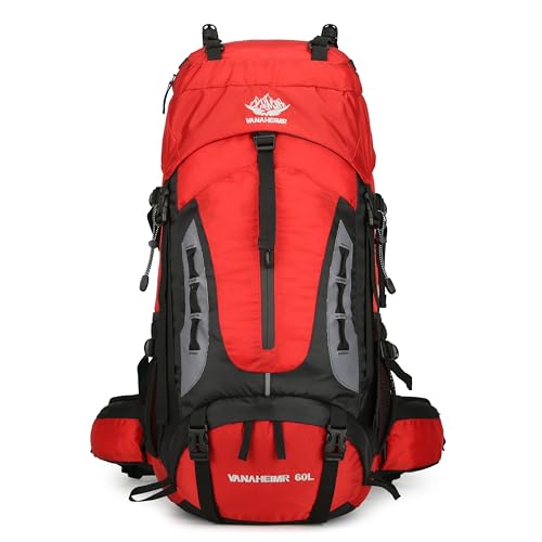 YFREAL 60L Travel Hiking Camping Backpack with Rain Cover,Backpack Water Resistant,Climbing Backpack for Men Women (RED) - color: Red