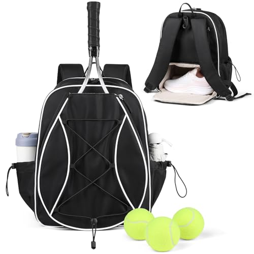 Marvolia Tennis Bags for Women Men, Tennis Backpack Holds 2 Rackets with Ventilated Shoe Compartment & Wet Pocket, Tennis Racket Bag Backpack for Pickleball Tennis Badminton - color: Black