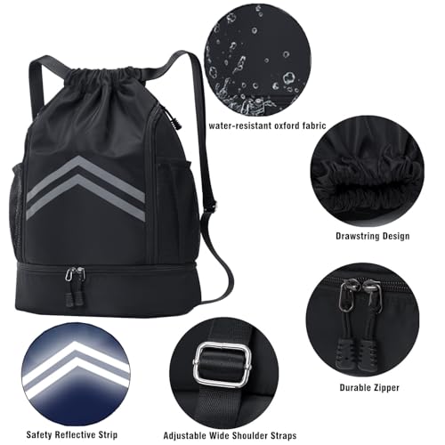 Drawstring Backpack - Water Resistant Sports Gym Bag with Shoes Compartment and Water Bottle Holder Pockets - String Cinch Bag - Pull String Bag - Sport String Sackpack for Men Women,Navy Blue - color: Navy Blue