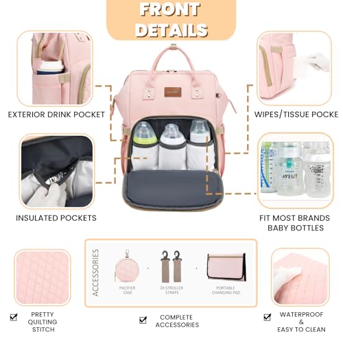 ROSEGIN Pink Diaper Bag Backpack for Baby Girls - Baby Shower Gifts for Mom, Quilted Diaper Bag with Changing Pad, Pacifier Case, Insulated Pockets, Stroller Straps, 35L Large Capacity - Cute - color: Pink