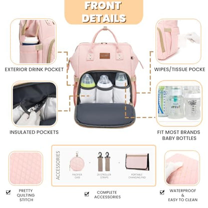 ROSEGIN Pink Diaper Bag Backpack for Baby Girls - Baby Shower Gifts for Mom, Quilted Diaper Bag with Changing Pad, Pacifier Case, Insulated Pockets, Stroller Straps, 35L Large Capacity - Cute - color: Pink