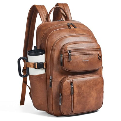 Vegan Leather Backpack, TSA Travel Backpack for Men and Women, Fits 17.0 Inch Laptop with Luggage Strap, Brown - color: Brown