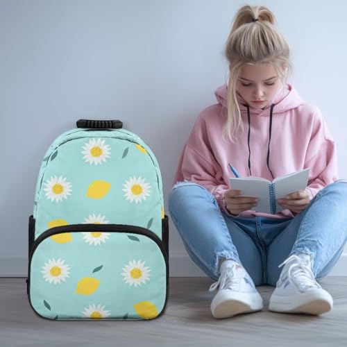Large Capacity School Backpack for Teens & College Students - Durable 17 Inch Laptop Bookbag with Padded Sleeve, Side Water Bottle Holders for High School, Daisy Cartoon Lemon Print - color: Daisy Cartoon Lemon Print