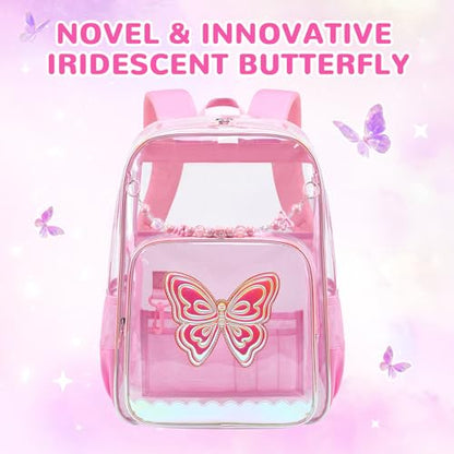 MUSEVOS Clear Backpack for School, Clear Bookbag for Girls PVC Heavy Duty Transparent Backpack,Pink Butterfly - color: Pink