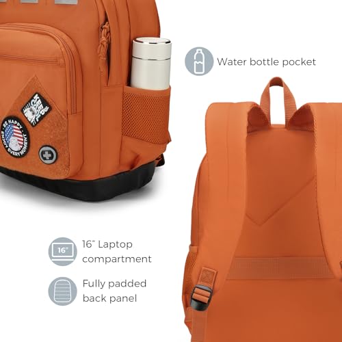 Swissdigital Design Big Student Laptop Backpack with Fun Personalized Patches For College Boy & Girl, Middle High School Teen Bookbag Cool Travel Daypack Orange - Includes 3 Patches | SD1718-33 - color: Burnt Orange