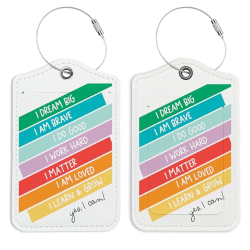 Positive Affirmations Luggage Tags for Suitcases 2 Pack, Colorful Inspirational Quotes Leather Luggage Tag with Privacy Name ID Label and Stainless Steel Loop for Travel Bag Suitcase - color: I Am Brave