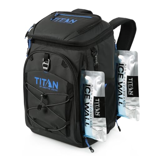 Titan Deep Freeze Ice Wall Backpack Cooler 30 Can Cooler Bag with Ice Packs - color: Cobalt Carbon Black