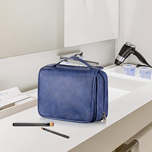 Elviros Hanging Toiletry Bag for Men Travel Essentials 3-in-1 Large Waterproof Dopp Kit PU Leather Shaving Bag with Separate Compartments for Grooming and Toiletries - color: Blue