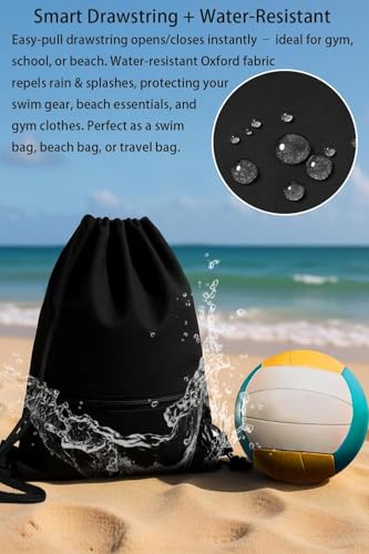 Water-Resistant String Bag for Women Men with Shoes Compartment and Zippered Pocket for Soccer, Basketball, Swim (Black, 16.5 * 19 inches) - color: Black