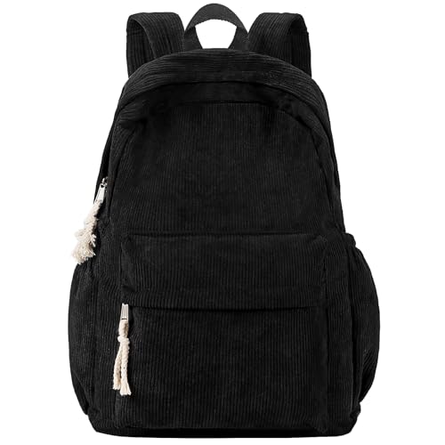 School Backpack for Teens, Corduroy Bookbag with 6X Cute Pin Accessories, 17 inch Laptop Bag for Girls Women Casual High School College (Black) - color: Black