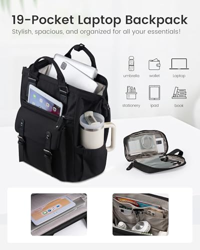 LOVEVOOK Laptop Backpack for Women with Giant Tumbler Holder Pocket,15.6 inch Waterproof Travel Backpack Purse Computer Laptop Bag - color: Black-black, size: 15.6 Inch Cup