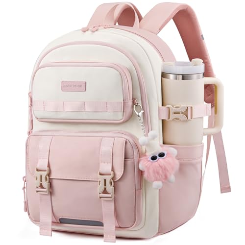 LOVEVOOK School Backpack for Girls, Anti-Sagging Bookbag for Middle High College Back to School, Cute Teen Backpacks with DIY Webbing Fits 15.6" Laptop & 40oz Water Bottle, Pink - color: Pink, size: 15.6 inch