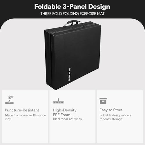 BalanceFrom 6x2 Feet 3-Panel Folding Gymnastics Mat – 2-Inch Thick Pad with Vinyl Surface and Carrying Handles for Tumbling, Yoga, Pilates, Home Workouts, and Martial Arts - color: Black