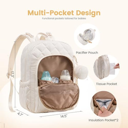 LOVEVOOK Diaper Bag Backpack,Puffer Quilted Baby Diaper Bag with Insulated Pockets,Travel Diaper Backpack for Boys Girls with Changing Pad,Water-Resistant Baby Bag for Mom Dad,Beige - color: Beige