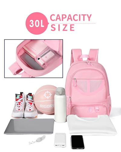 Basketball Bag Backpack for Men Women with Ball & Shoes Compartment 30L Capacity Lightweight Breathable Boys Girls Soccer Ball Bag Backpack Fit Volleyball Football Sports Travel School Gym - color: TK8Pink