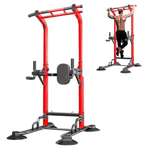 soges Power Tower Pull Up Bar Station, Dip Station for Home Gym, Height Adjustable Heavy Duty Strength Home Training Fitness Workout Equipment - color: Red