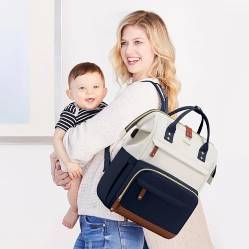 LOVEVOOK Diaper Bag Backpack, Baby Bag with Changing Station, Large Diaper Backpack for Mom Dads, Waterproof Leather Mommy Bag for Boy and Girl, Travel Essential Baby Shower, Navy Blue-Beige - color: Navy Blue-beige