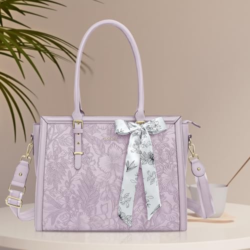 MOSISO Laptop Bag for Women, 15.6-16 inch PU Leather Tote Bag Compatible with MacBook, HP, Dell, Asus Notebook, Front Embossed Retro Hibiscus Computer Bags with Silk Scarf&Clutch Purse, Dusty Lilac - color: Dusty Lilac, size: 16 inch