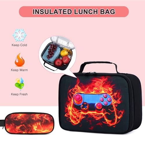 3PCS School Backpack for Boys, Cool Gamer Boys Backpack with Lunch Box and Pencil Case for Kids Kindergarten Teens Elementary Middle School Bag with Convenient Charging Port,Gaming Bookbag Waterproof - color: Red Flame