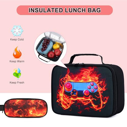 3PCS School Backpack for Boys, Cool Gamer Boys Backpack with Lunch Box and Pencil Case for Kids Kindergarten Teens Elementary Middle School Bag with Convenient Charging Port,Gaming Bookbag Waterproof - color: Red Flame