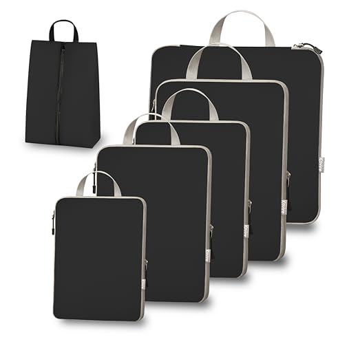 6 Set Compression Packing Cubes for Travel Expandable Packing Organizer Bag | Water-Resistant Suitcase Bags with Shoe Bag, Ultralight Storage Travel Bags for Carry-on Luggage, S M L XL Sizes, Black - color: Black, size: Set of 6