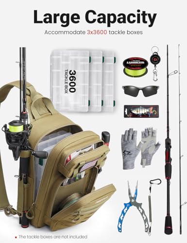 Piscifun Fishing Backpack Tackle Bag with 2 Rod Holders, Multi-Compartment Storage, MOLLE System, Water-Resistant Lightweight Outdoor Pack - color: Single Shoulder - Khaki, style: Standard