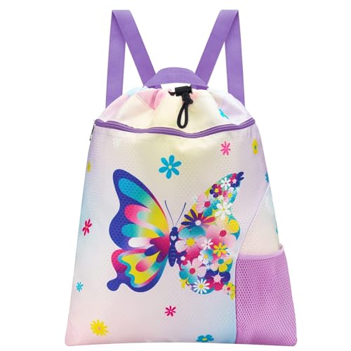 WAWSAM Gym Drawstring Backpack String Bag - 15” x 17” Sports Gym Bag for Kids Waterproof Swimming Beach Shopping Yoga Bag - color: Purple Butterfly B