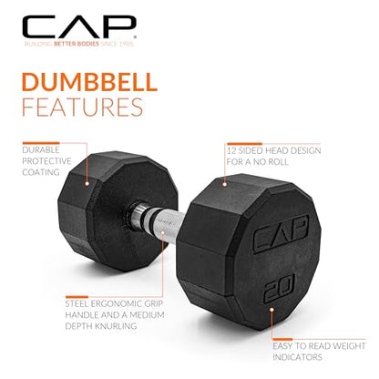CAP Barbell Coated Hex Dumbbell Weight - Single | 10-120 lbs | Multiple Options - size: 20 lb, style: 12-Sided - Chrome Handle